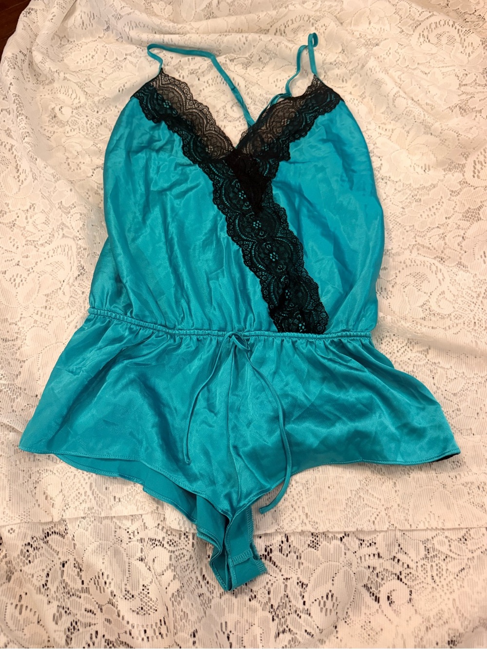 Victoria's Secret Teal Satin Romper with Black Lace Trim